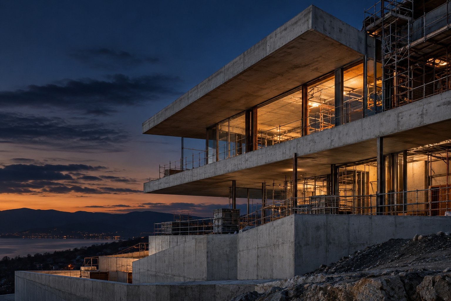 Contemporary concrete and steel building under construction at dusk
